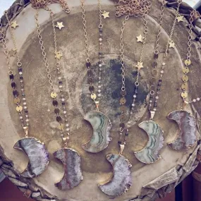 luna // gold electroplated crescent moon amethyst slice bohemian necklace