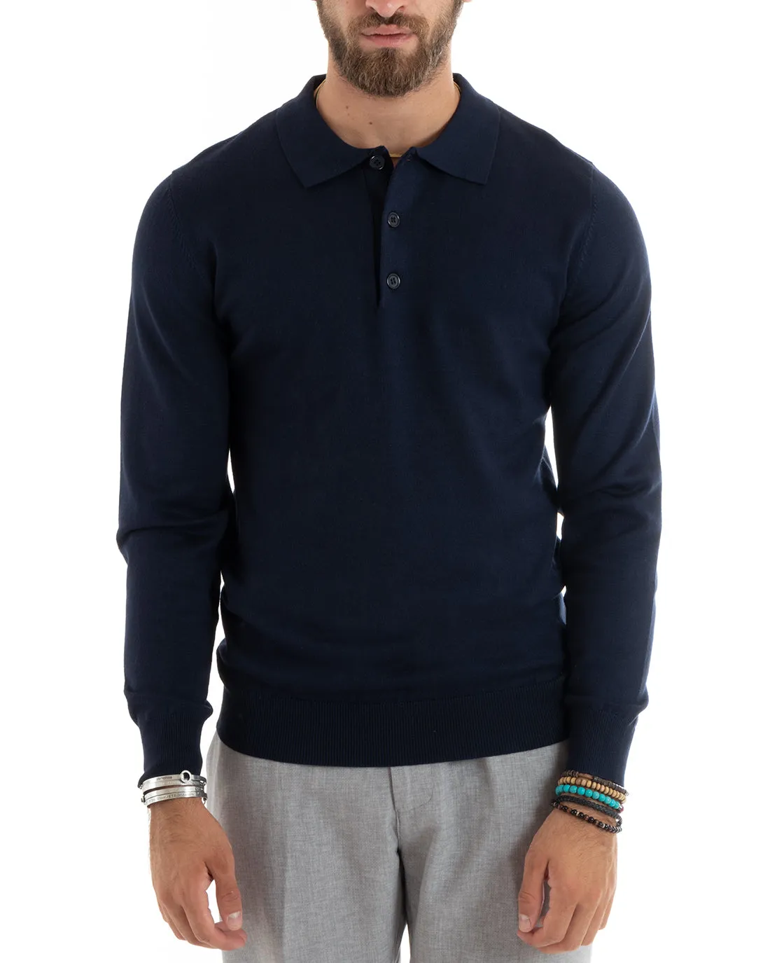 Maglioncino Uomo Casual Maglia Con Colletto Polo Tinta Unita Basic Blu GIOSAL-M2679A