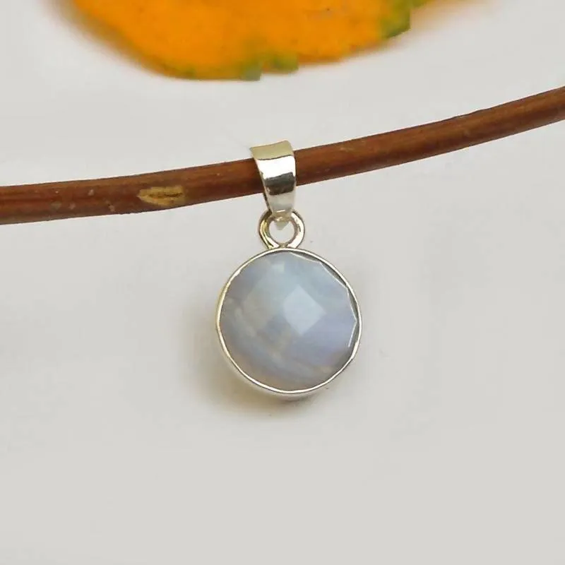 Natural Blue Lace Agate Pendant sterling silver gemstone jewelry 925 Silver Pendant Agate Necklace Bezel Set Round Pendant Gift for her