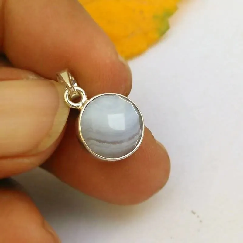 Natural Blue Lace Agate Pendant sterling silver gemstone jewelry 925 Silver Pendant Agate Necklace Bezel Set Round Pendant Gift for her