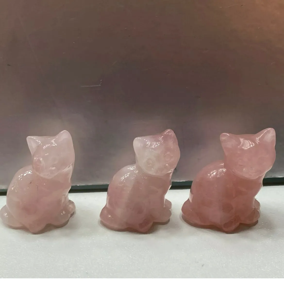 Natural Rose Quartz gemstone Kitty Cat Crystal Figurine