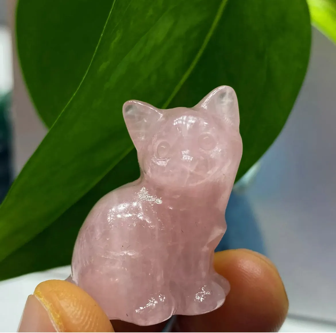 Natural Rose Quartz gemstone Kitty Cat Crystal Figurine