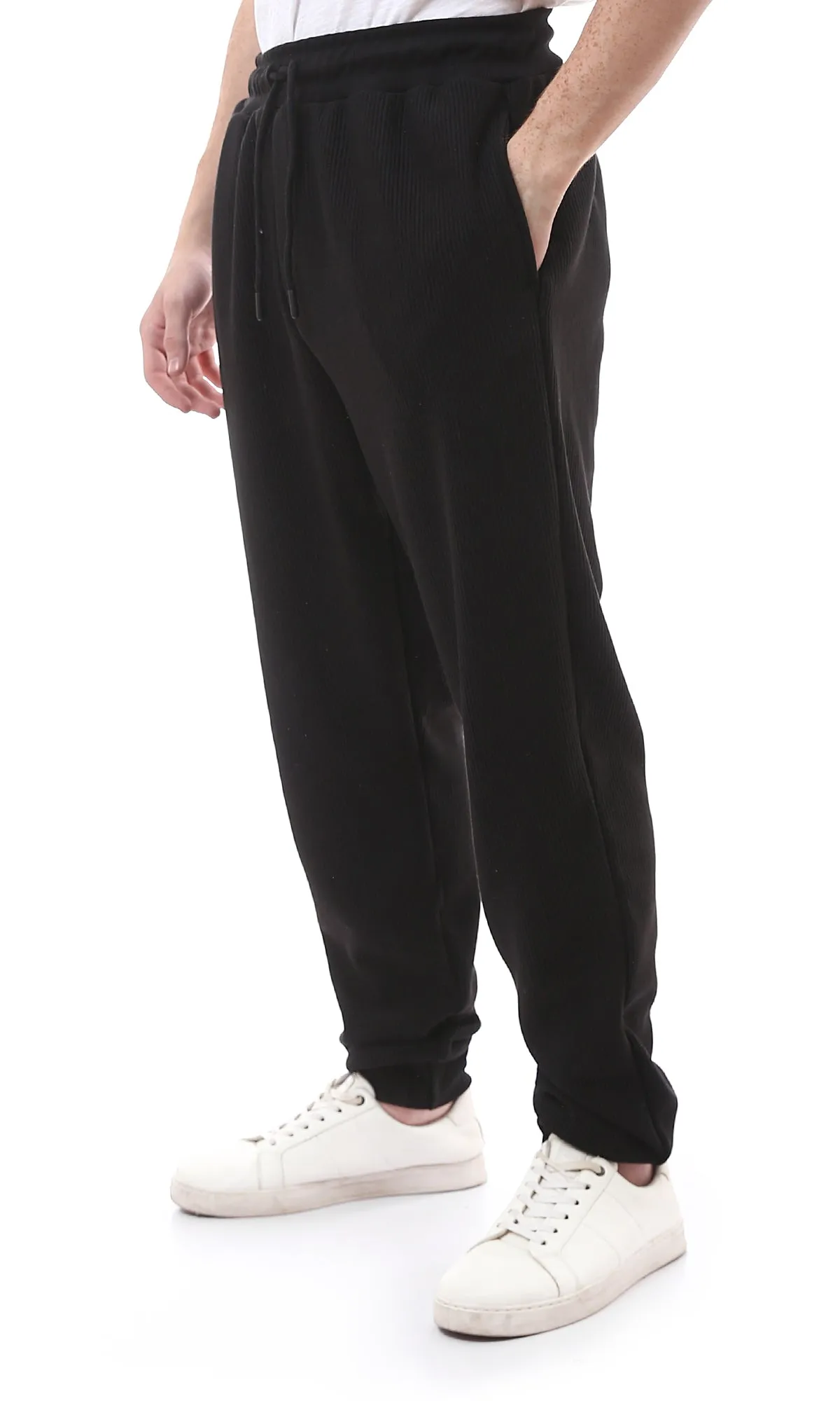 O176390 Casual Black Cotton Ribbed Jogger Pants