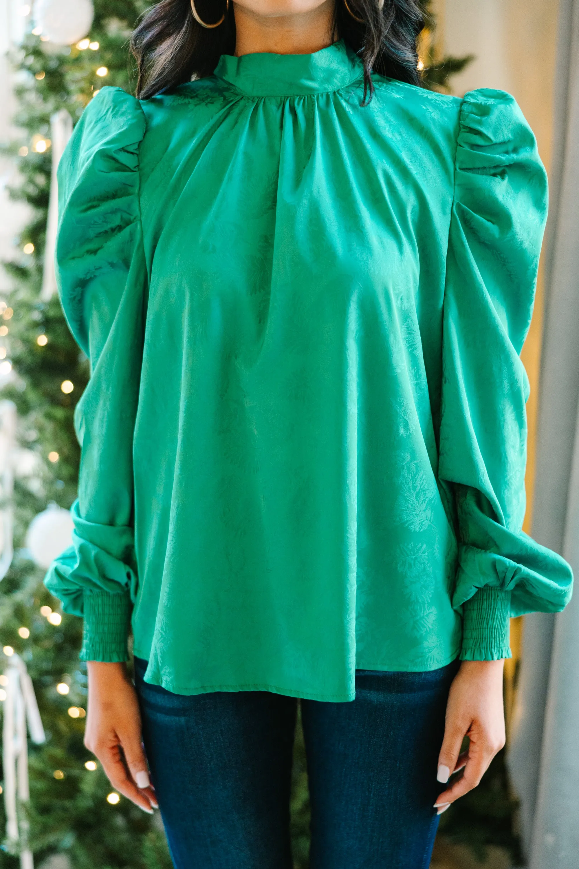 On The Move Green Satin Puff Sleeve Blouse