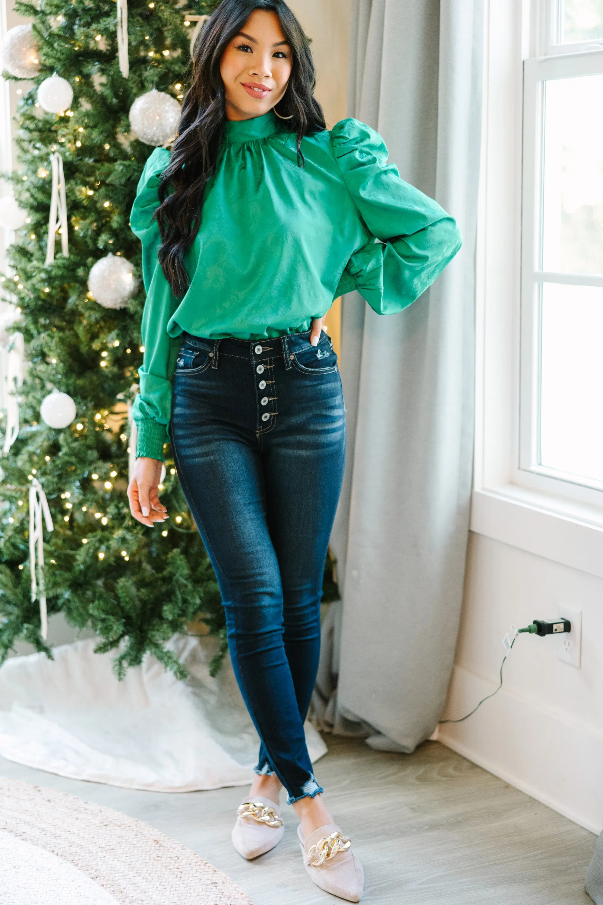 On The Move Green Satin Puff Sleeve Blouse