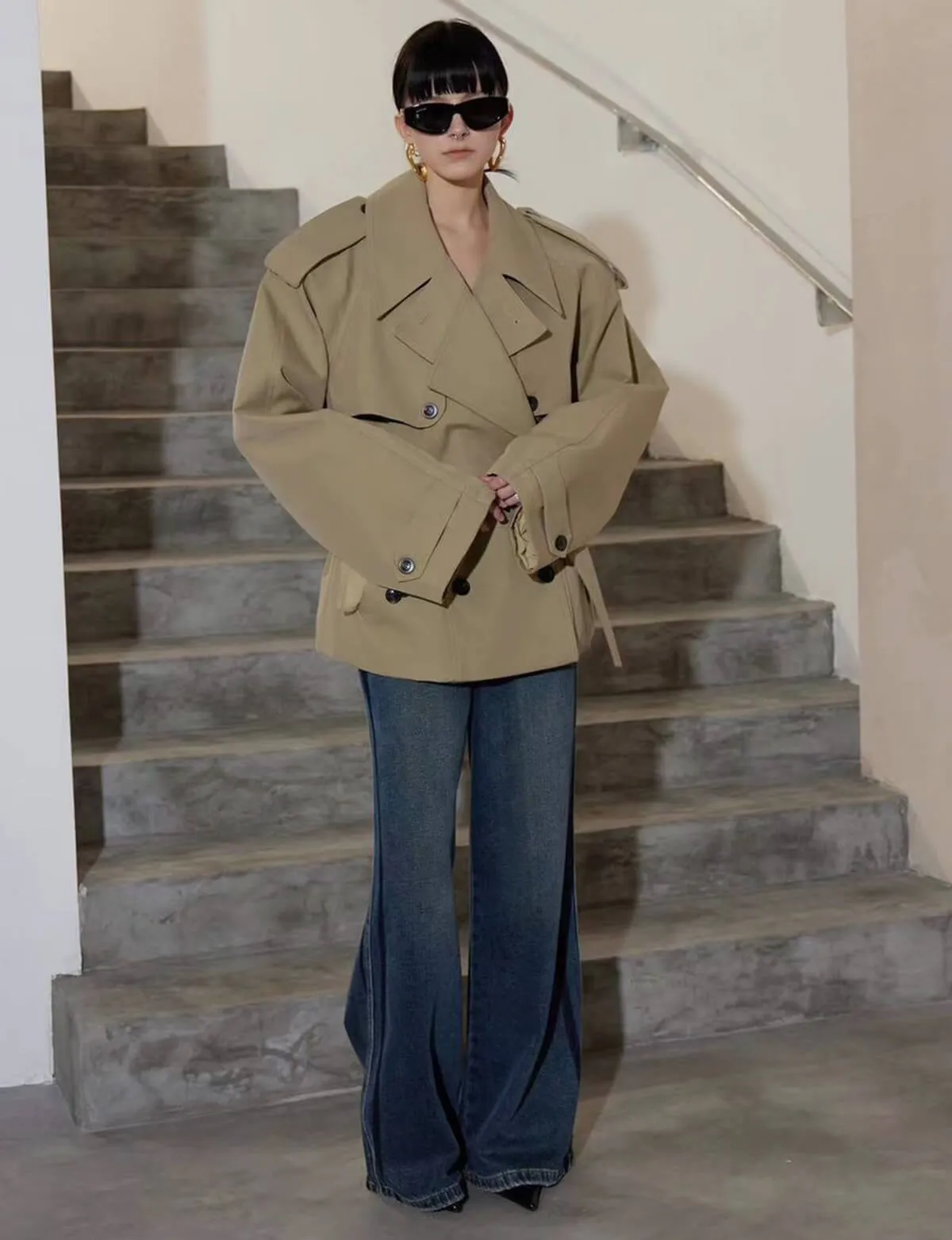 Oversized Cropped Twill Trench Coat-PREORDER