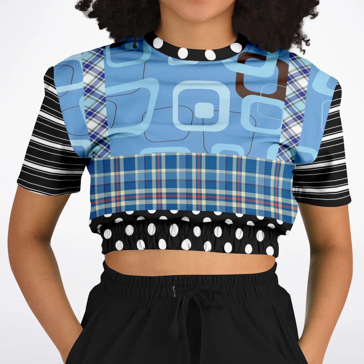 Pacific Palisades Blue Patchwork Short Sleeve Cropped Eco-Poly Sweater