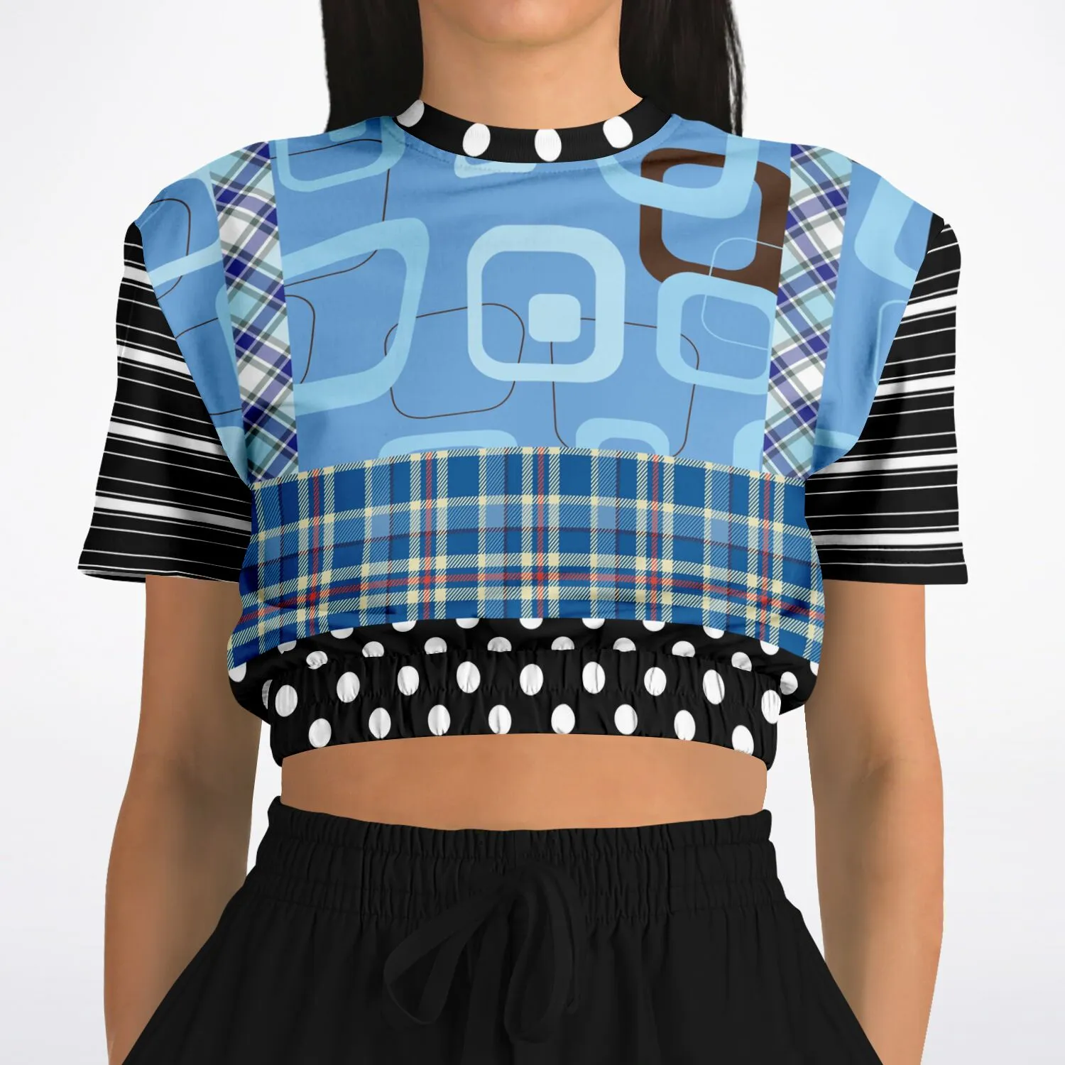 Pacific Palisades Blue Patchwork Short Sleeve Cropped Eco-Poly Sweater