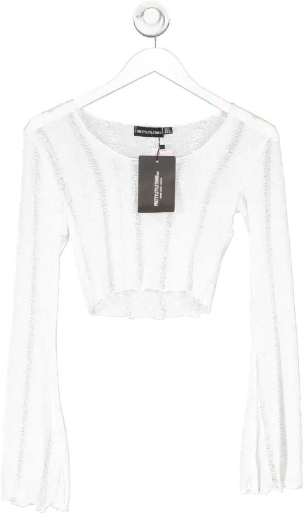 PrettyLittleThing White Shape Ladder Detail Knit Flare Sleeve Crop Top UK 8