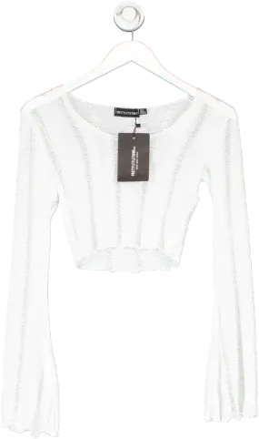 PrettyLittleThing White Shape Ladder Detail Knit Flare Sleeve Crop Top UK 8