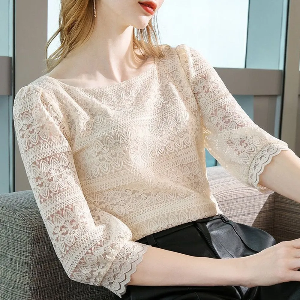 Retro Short Sleeve Lace Blouse