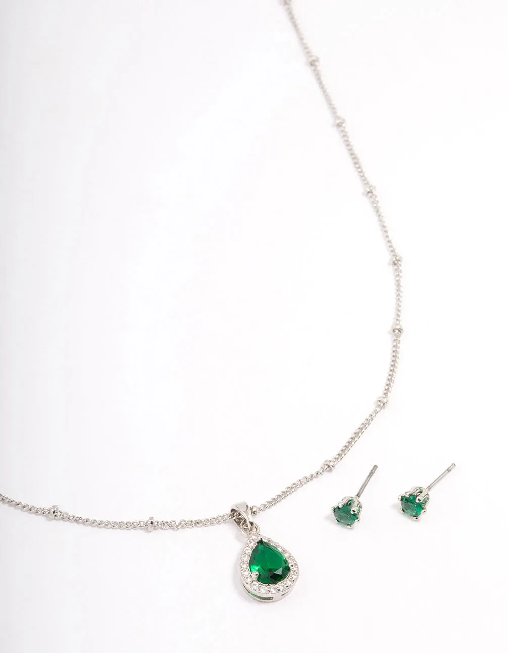 Rhodium Cubic Zirconia Emerald Earring & Necklace Set