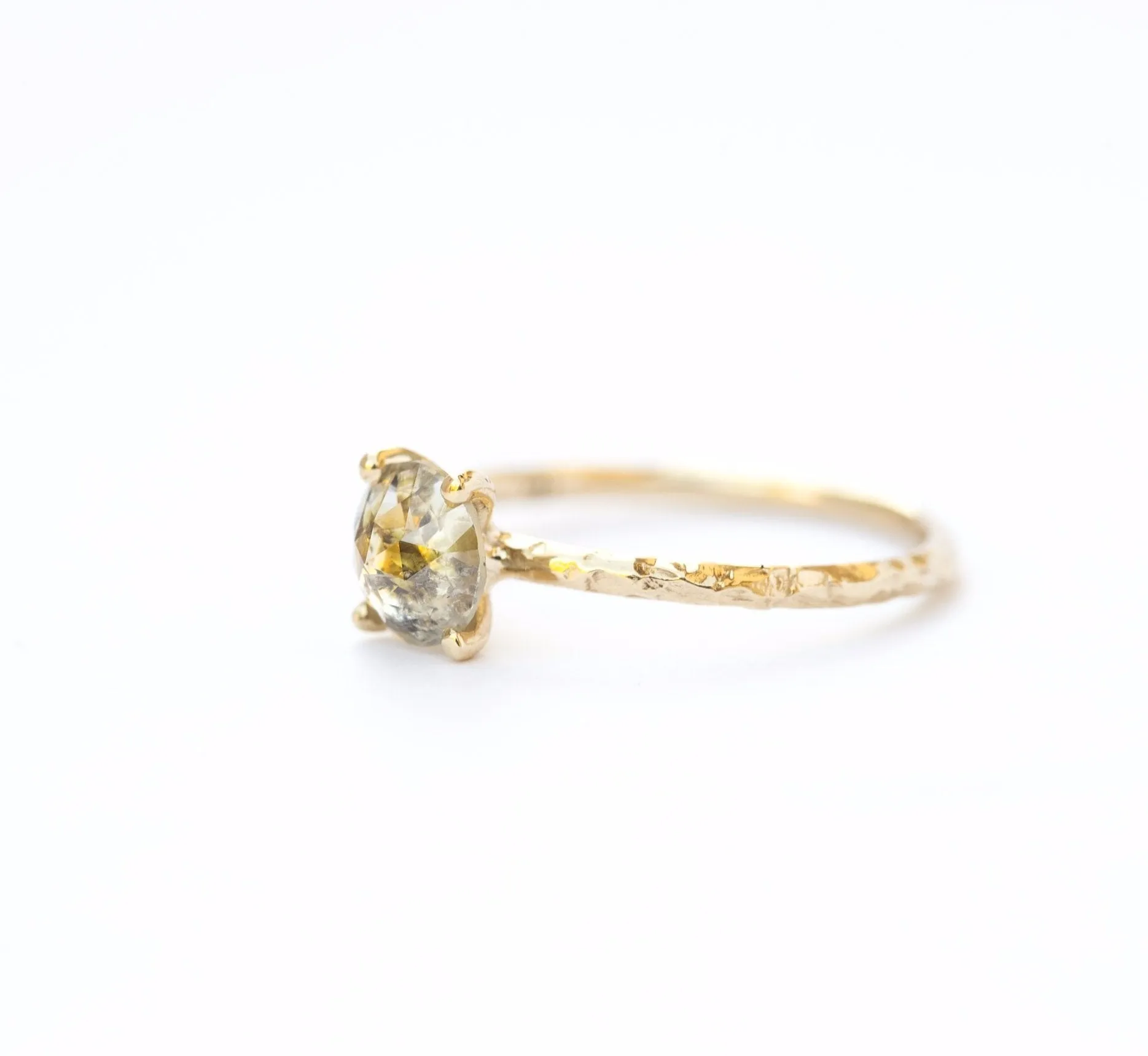 Rosecut Golden Green Galaxy Diamond and Dainty Carved Yellow Gold Solitaire Setting- Low Profile Rosecut Ring - Skinny Band - Hand carved by Anueva Jewelry