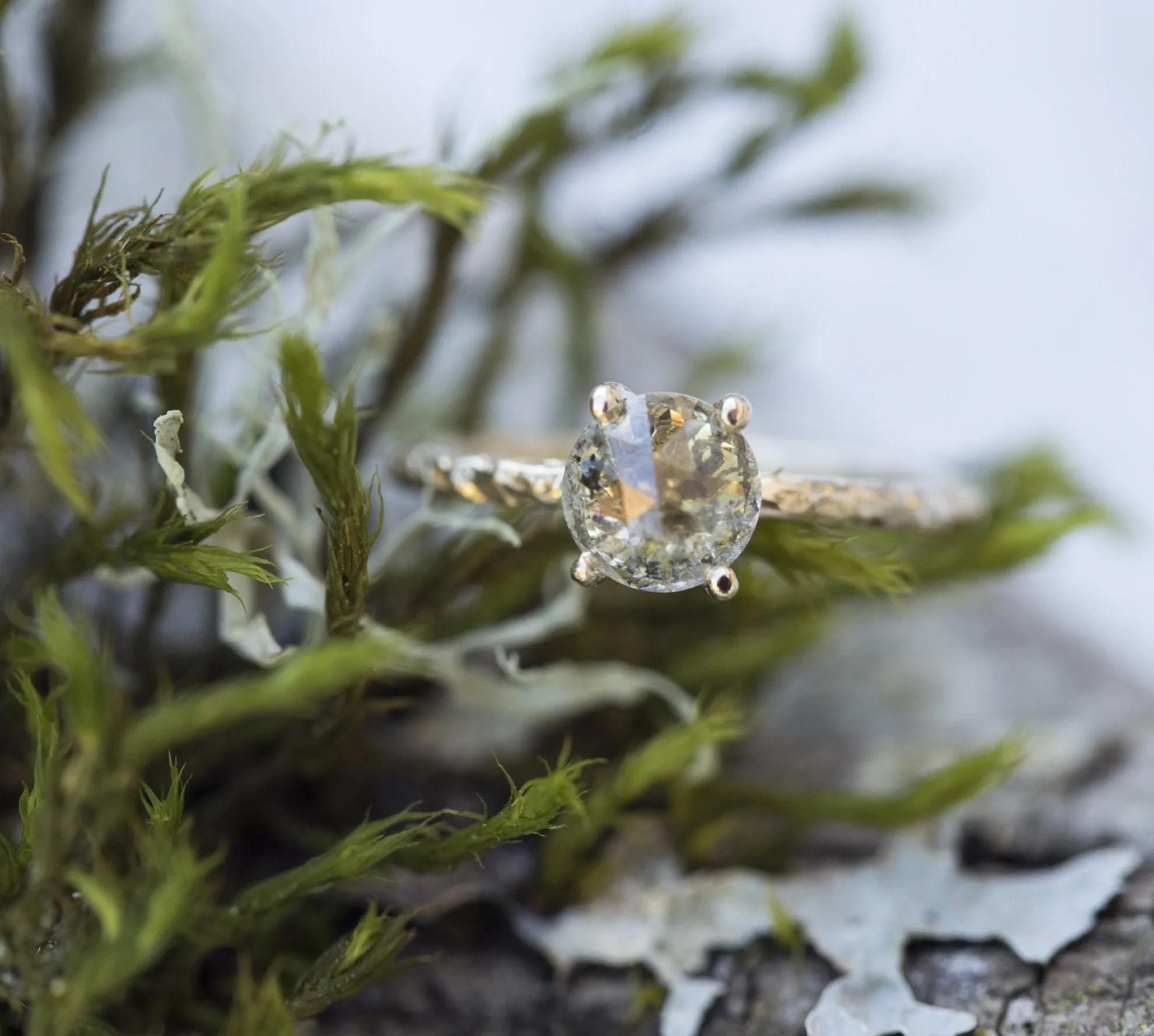 Rosecut Golden Green Galaxy Diamond and Dainty Carved Yellow Gold Solitaire Setting- Low Profile Rosecut Ring - Skinny Band - Hand carved by Anueva Jewelry