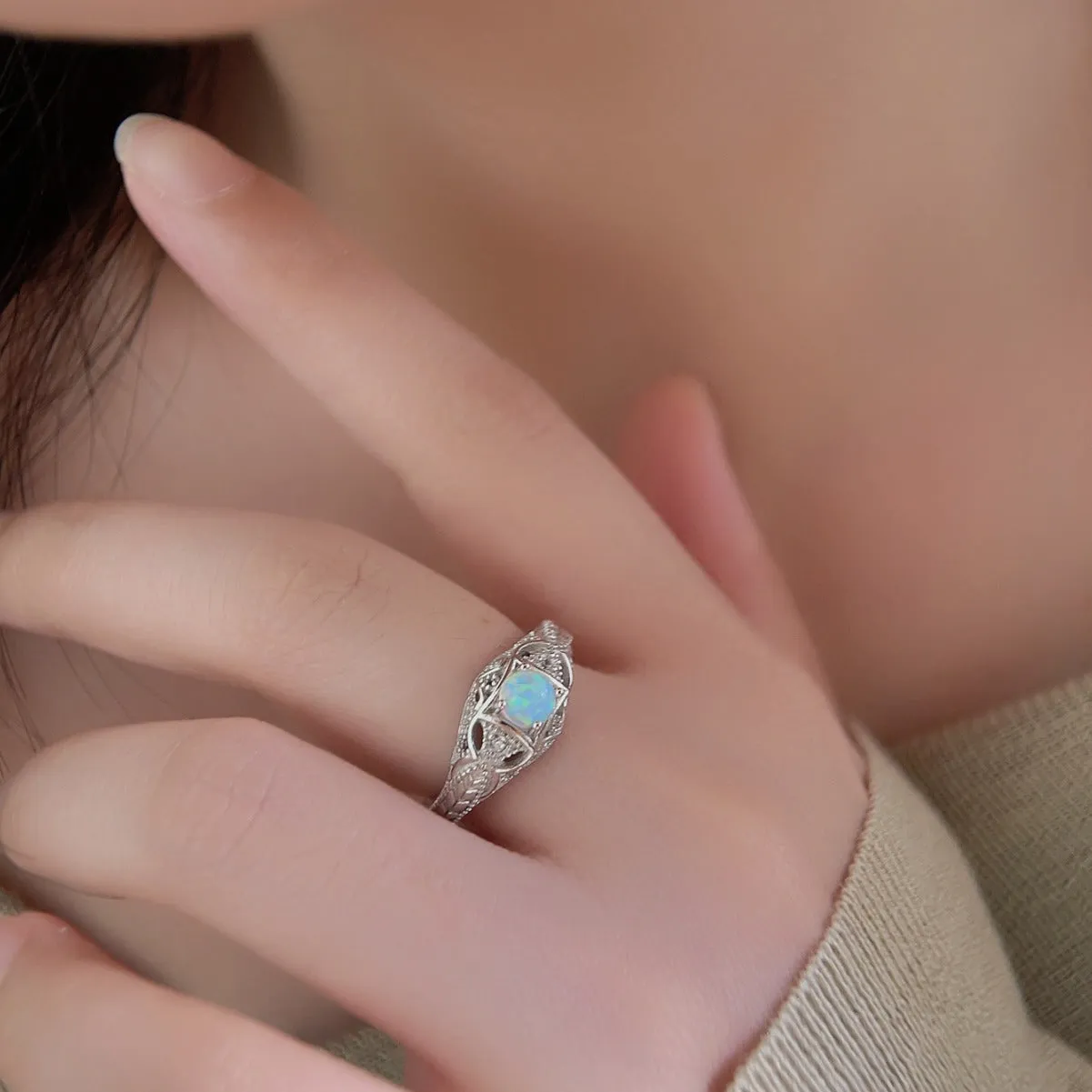 S925 Exquisite Rice Ear Round Opal Women's Ring