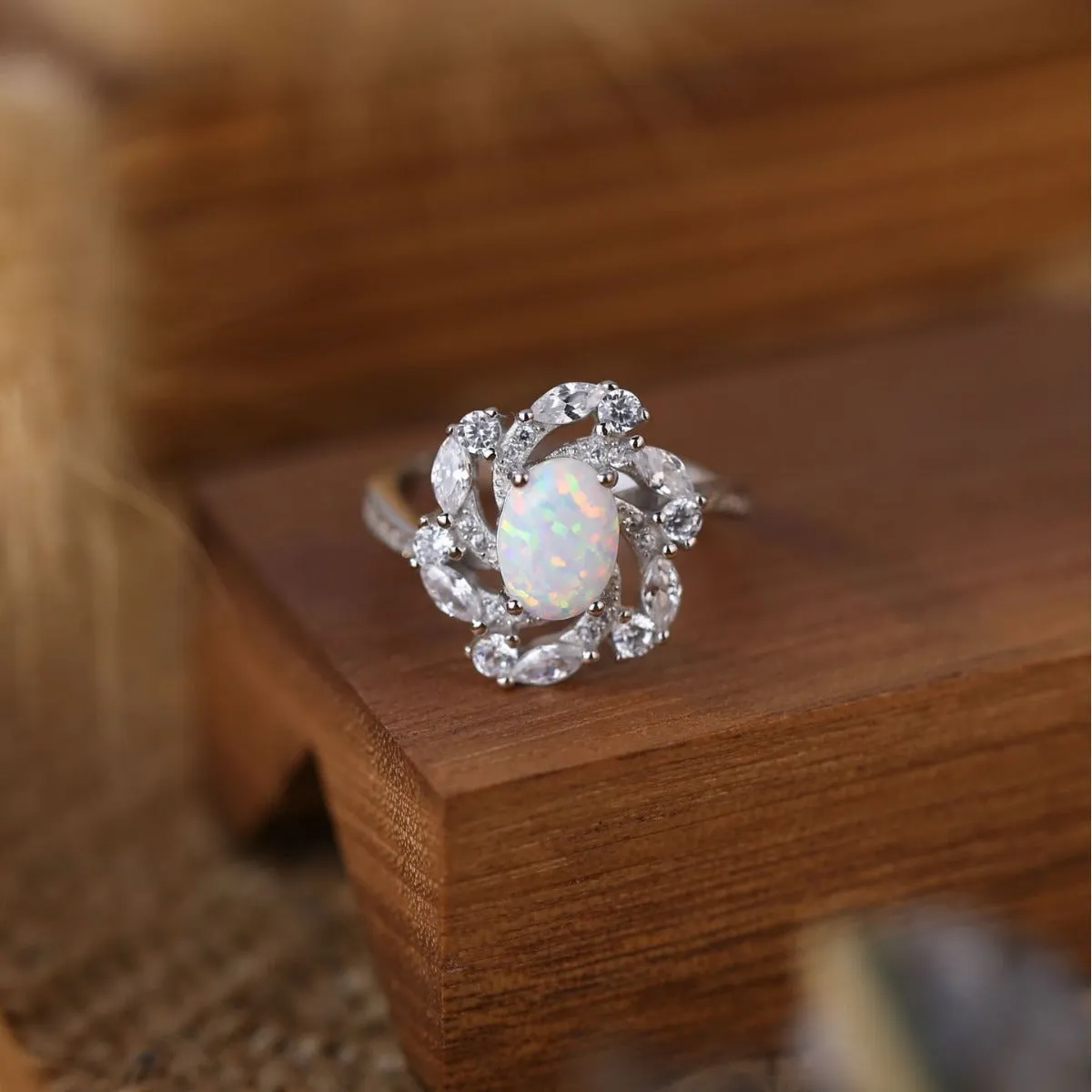 S925 Silver Simple Tapered Lace Opal Ring