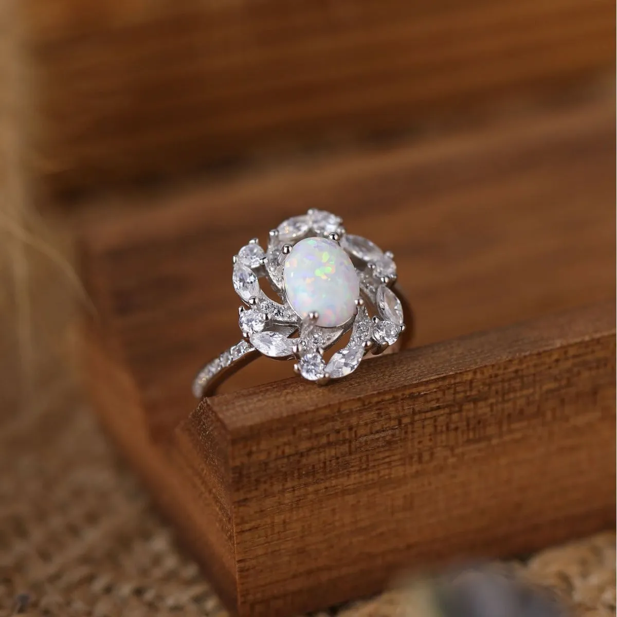 S925 Silver Simple Tapered Lace Opal Ring