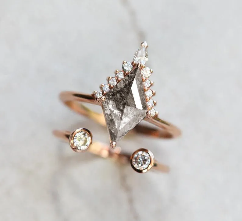 Salt Pepper Diamond Ring, Or Ring Set, Rhombus Kite Engagement Ring, Open Nesting Band, Halo Diamond Ring