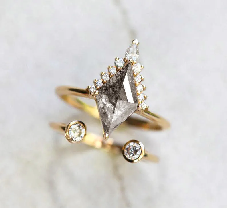 Salt Pepper Diamond Ring, Or Ring Set, Rhombus Kite Engagement Ring, Open Nesting Band, Halo Diamond Ring