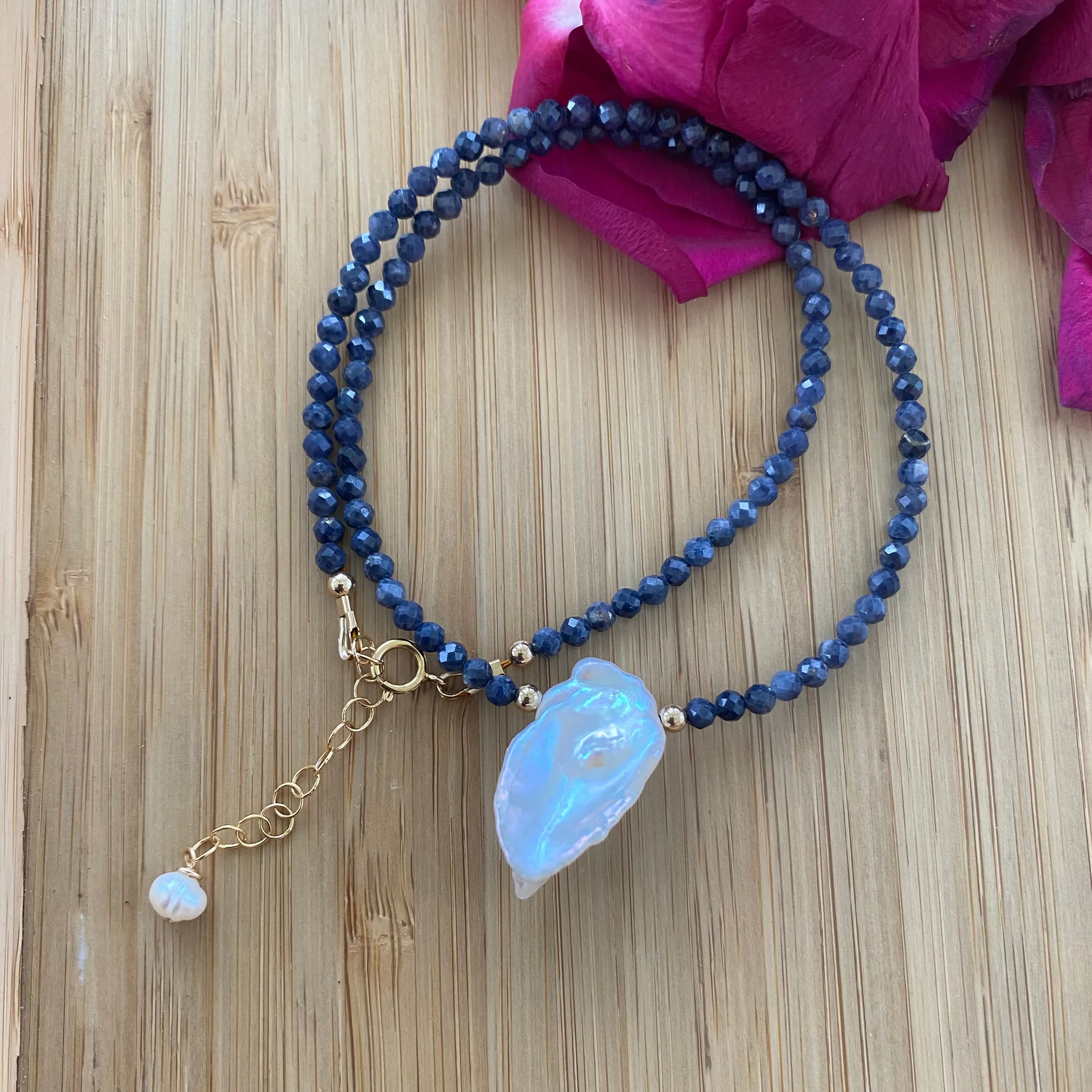 Sapphire & Single Keshi Pearl Choker Necklace, September Birthstone