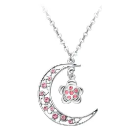 Silver Crescent Moon Pink Crystal Floral Pattern Necklace