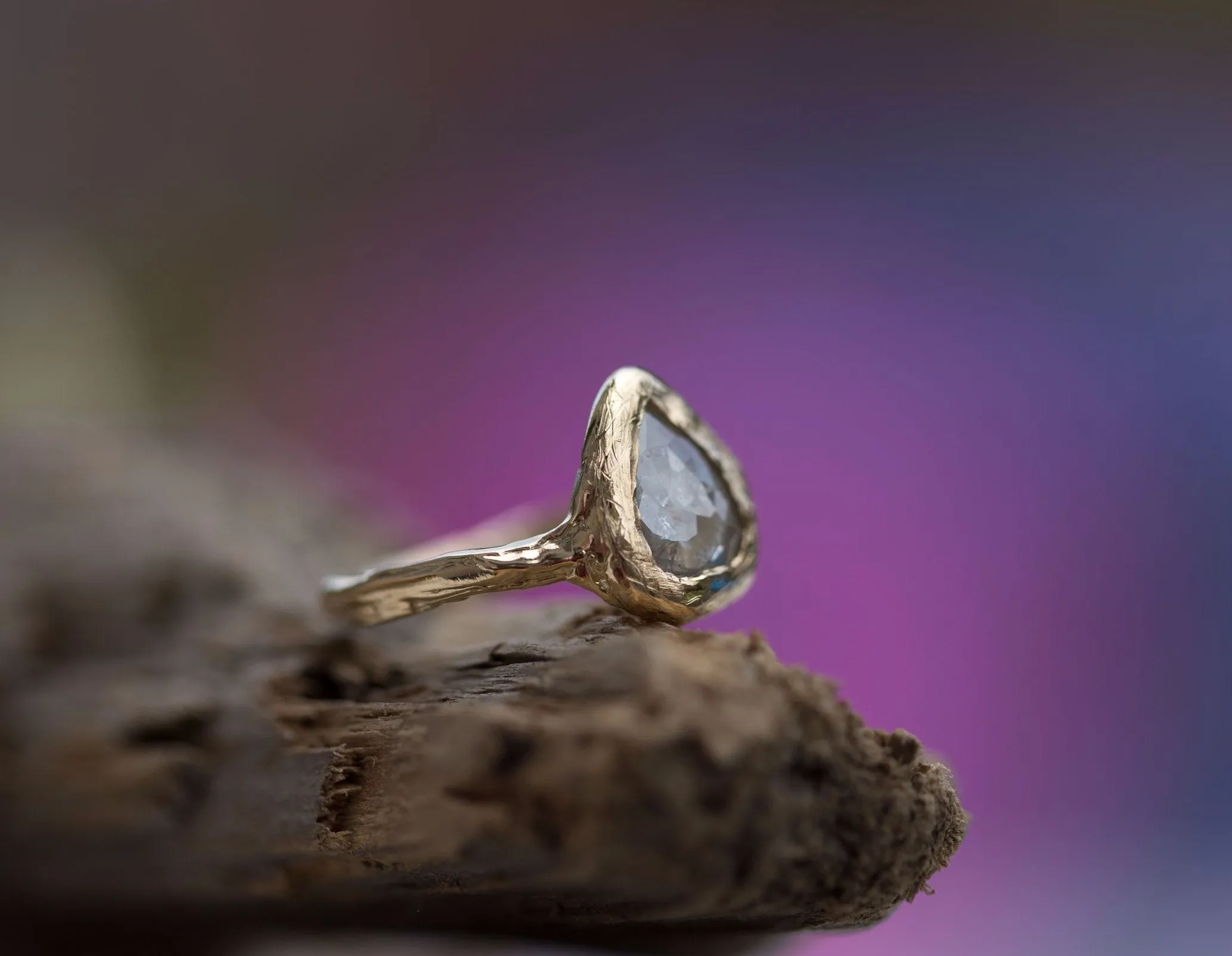 Silver Grey Rosecut Pear Diamond Engagement Ring in Reclaimed Yellow Gold - Unique Earthy Engagement Ring - Hand Carved ring by Anueva