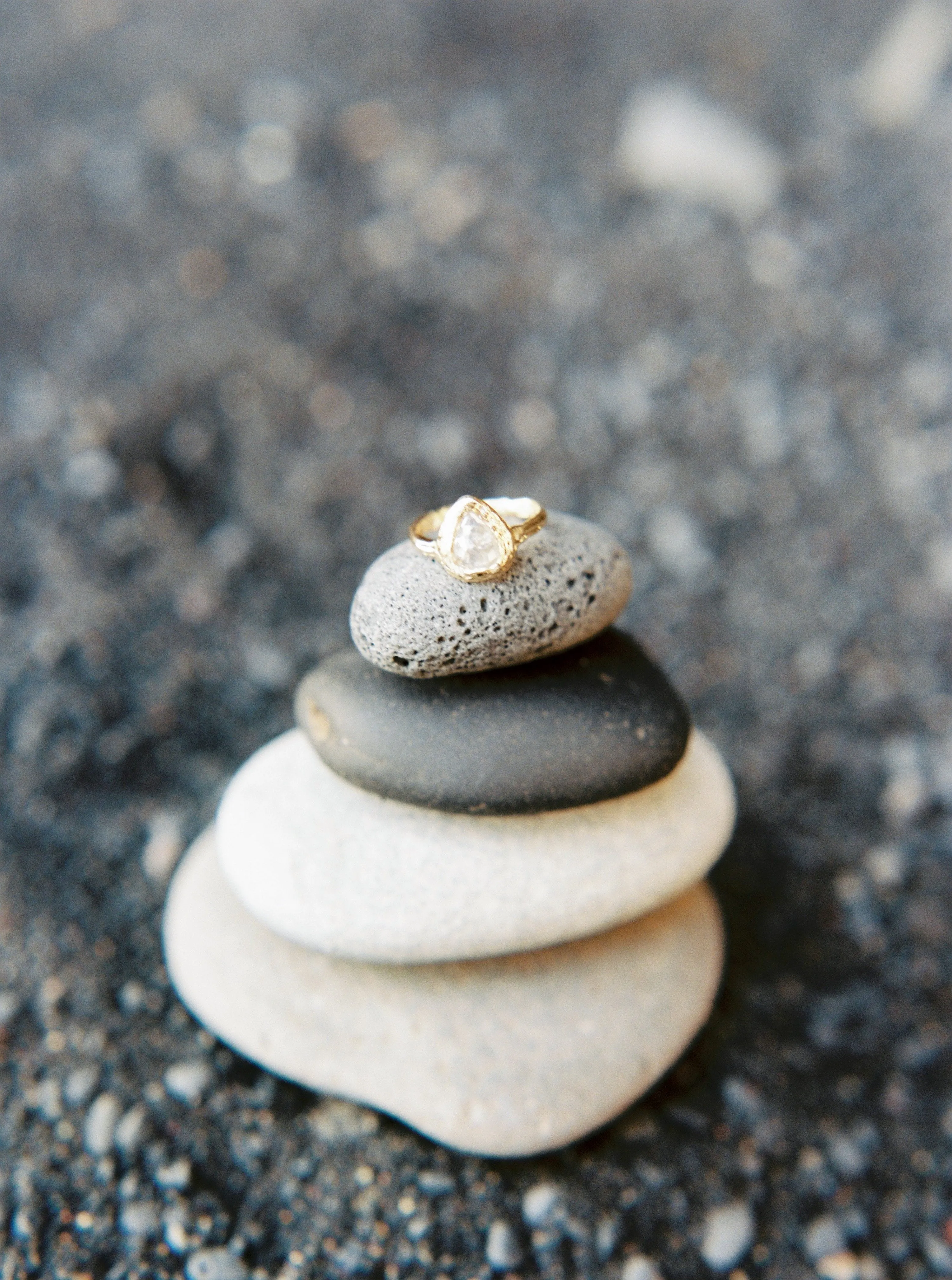 Silver Grey Rosecut Pear Diamond Engagement Ring in Reclaimed Yellow Gold - Unique Earthy Engagement Ring - Hand Carved ring by Anueva