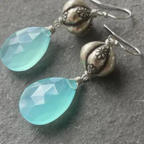 Sterling Flower Aqua Chalcedony dangles