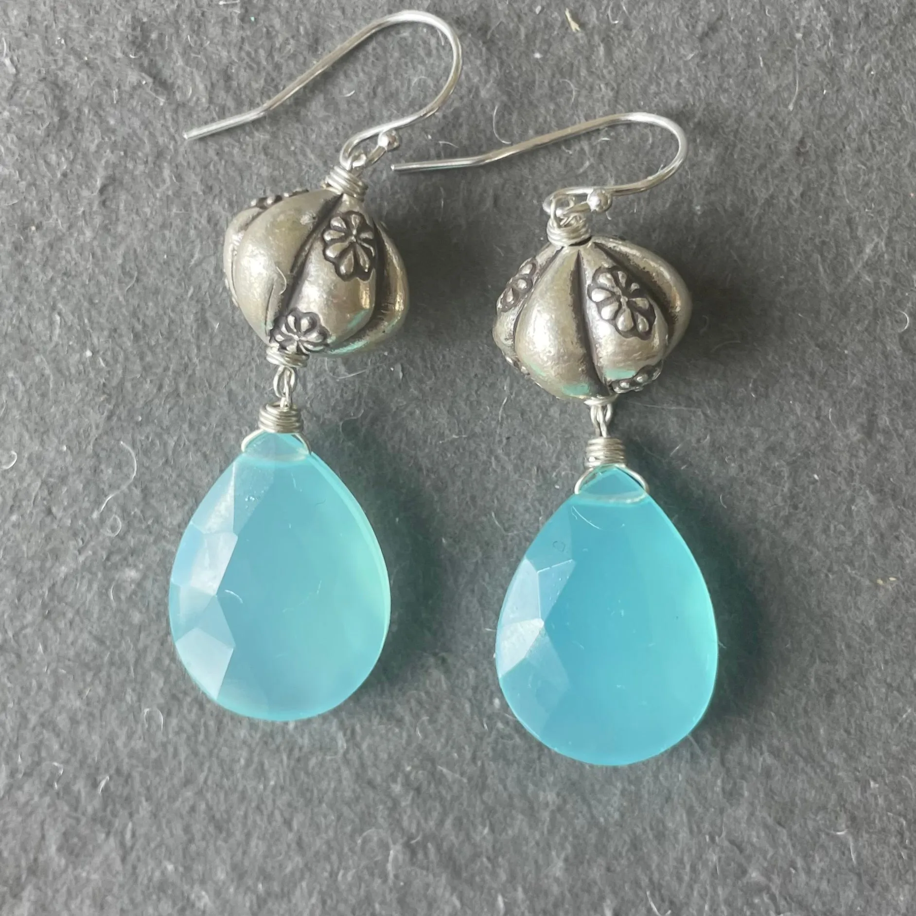 Sterling Flower Aqua Chalcedony dangles