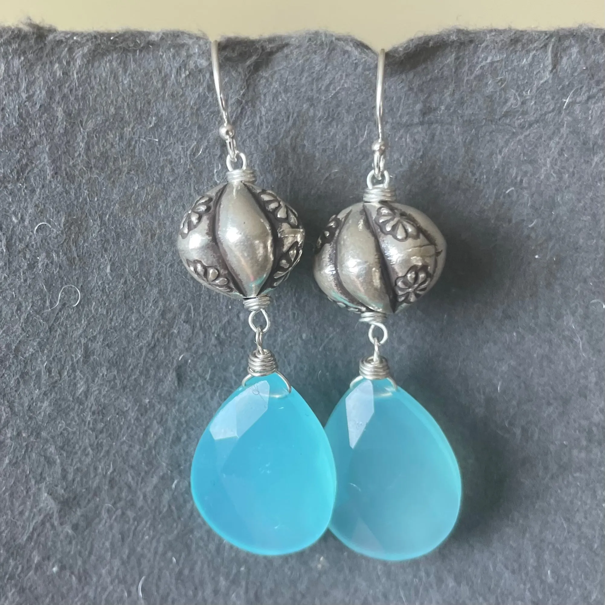 Sterling Flower Aqua Chalcedony dangles