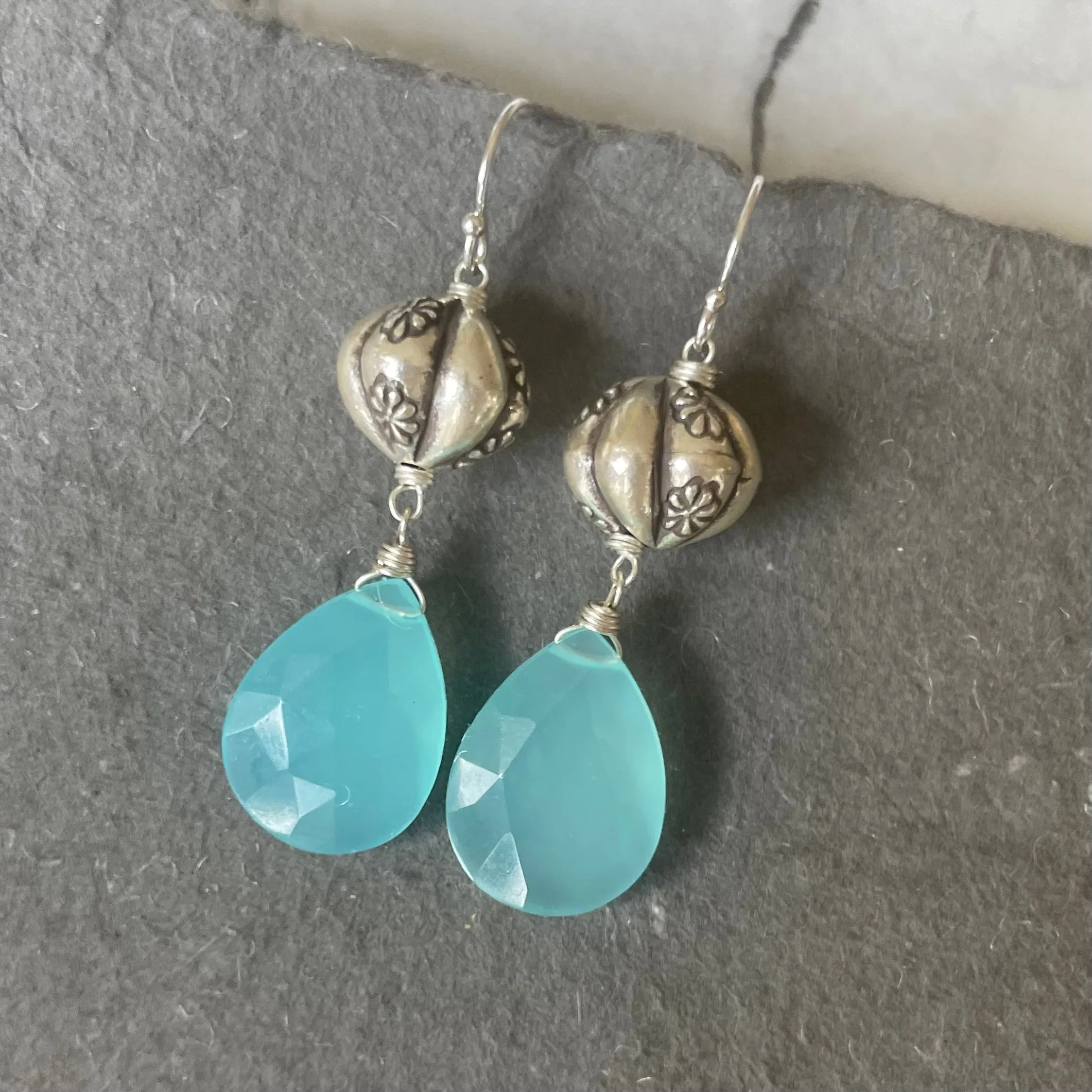 Sterling Flower Aqua Chalcedony dangles