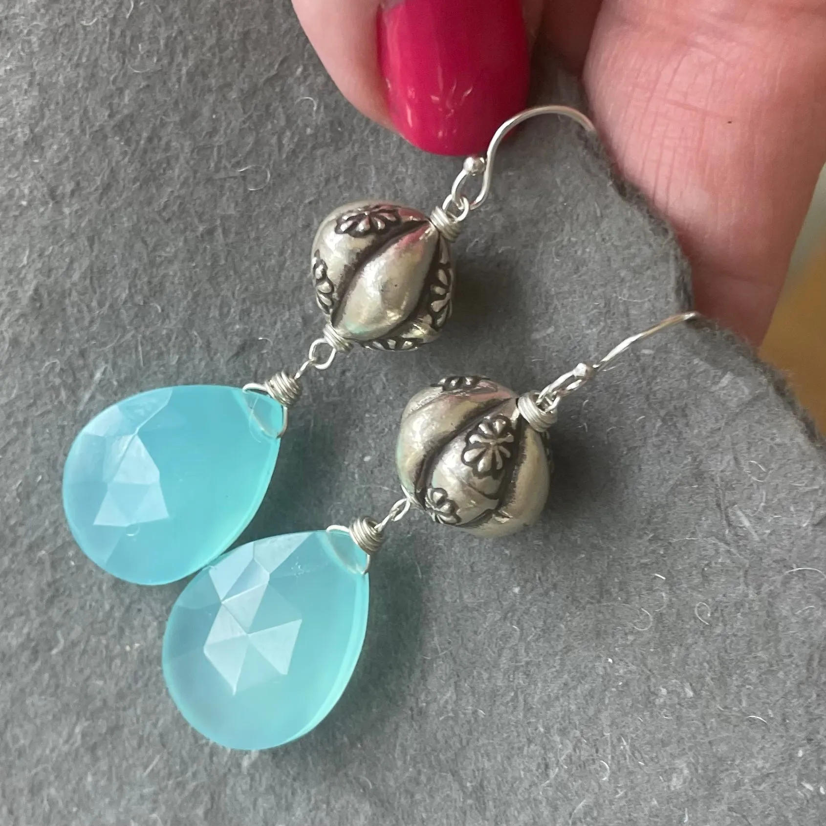 Sterling Flower Aqua Chalcedony dangles