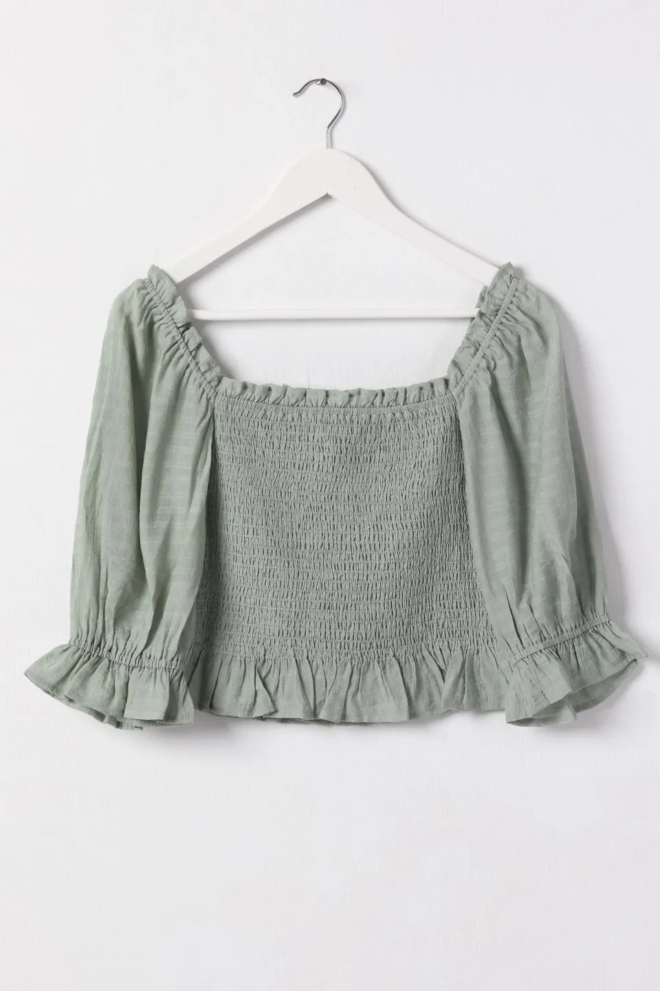 Turn It Up Sage Shirred Puff Sleeve Crop Top