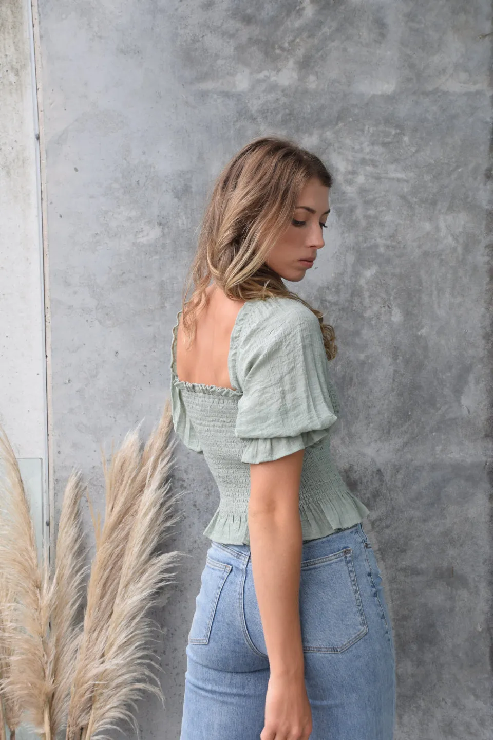 Turn It Up Sage Shirred Puff Sleeve Crop Top