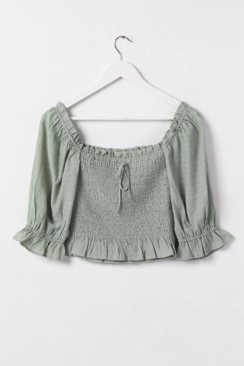 Turn It Up Sage Shirred Puff Sleeve Crop Top