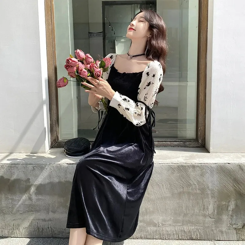 Velvet Patchwork Floral Off Shoulder Midi Dress