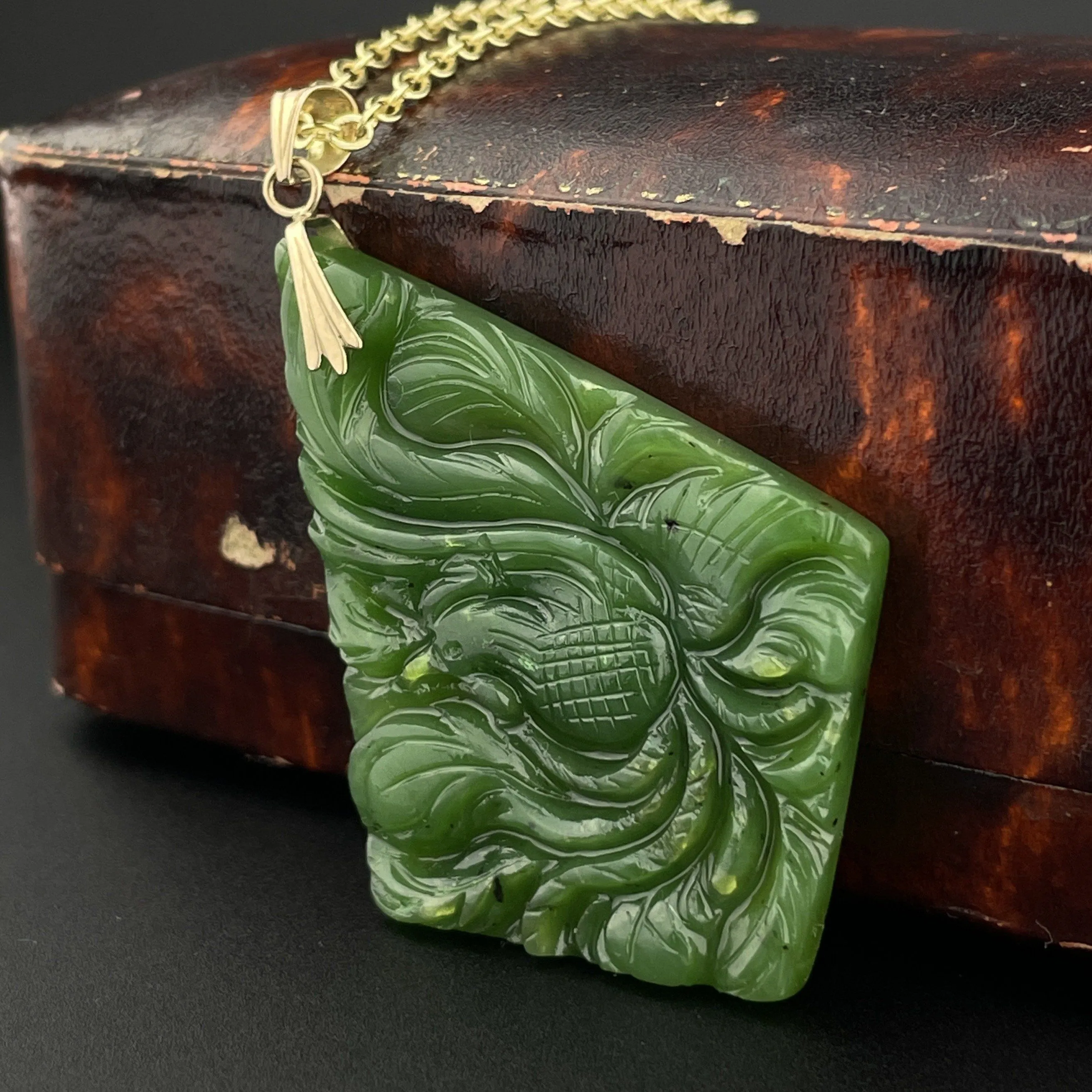 Vintage 14K Gold Large Carved Bird Nephrite Jade Pendant