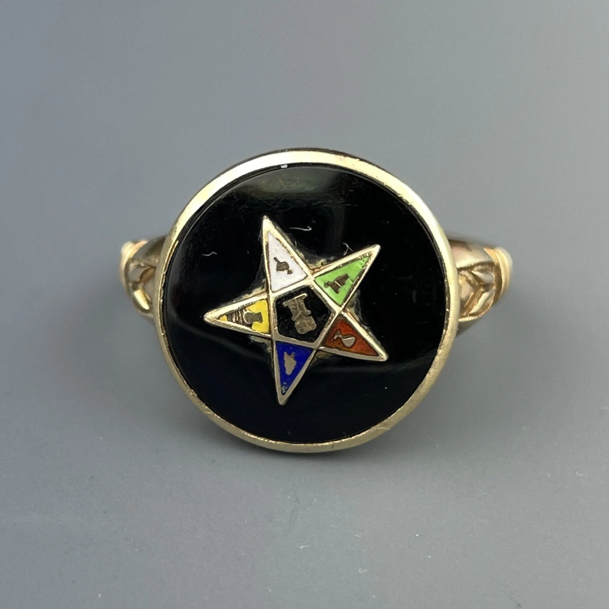 Vintage 14K Gold Onyx Enamel Masonic Star Ring, Sz 5 3/4