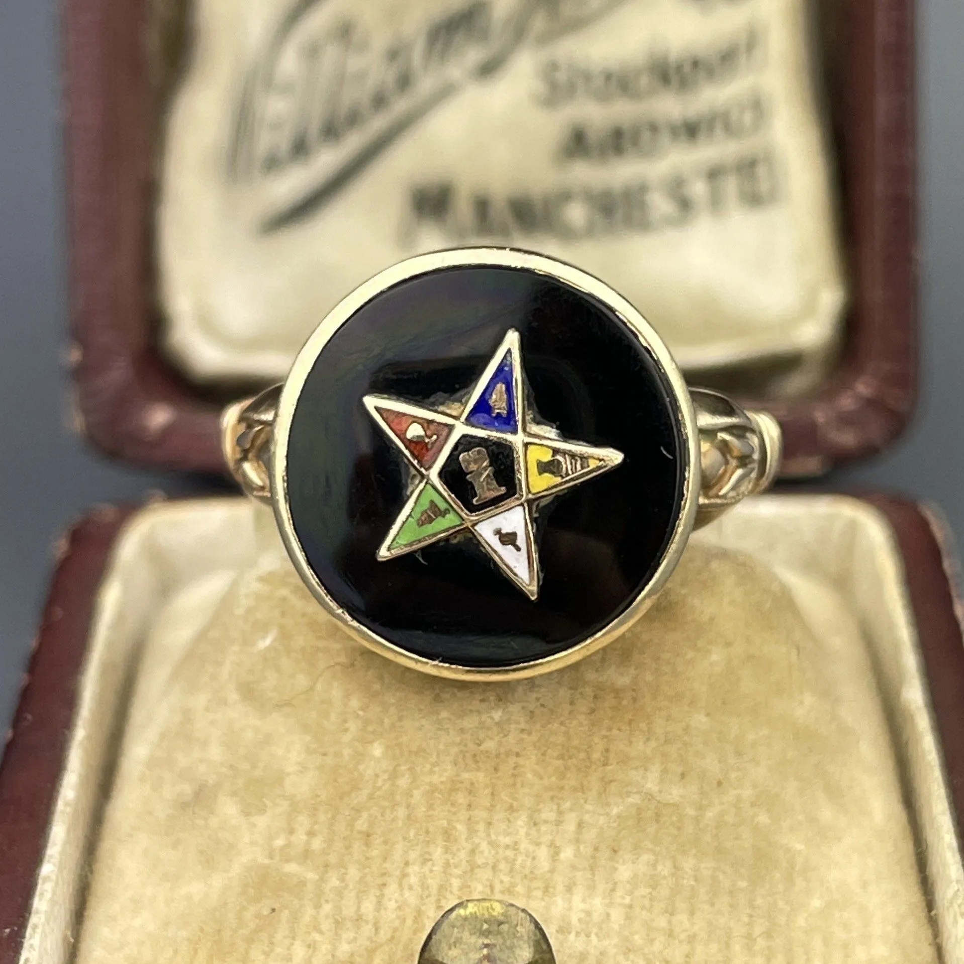 Vintage 14K Gold Onyx Enamel Masonic Star Ring, Sz 5 3/4