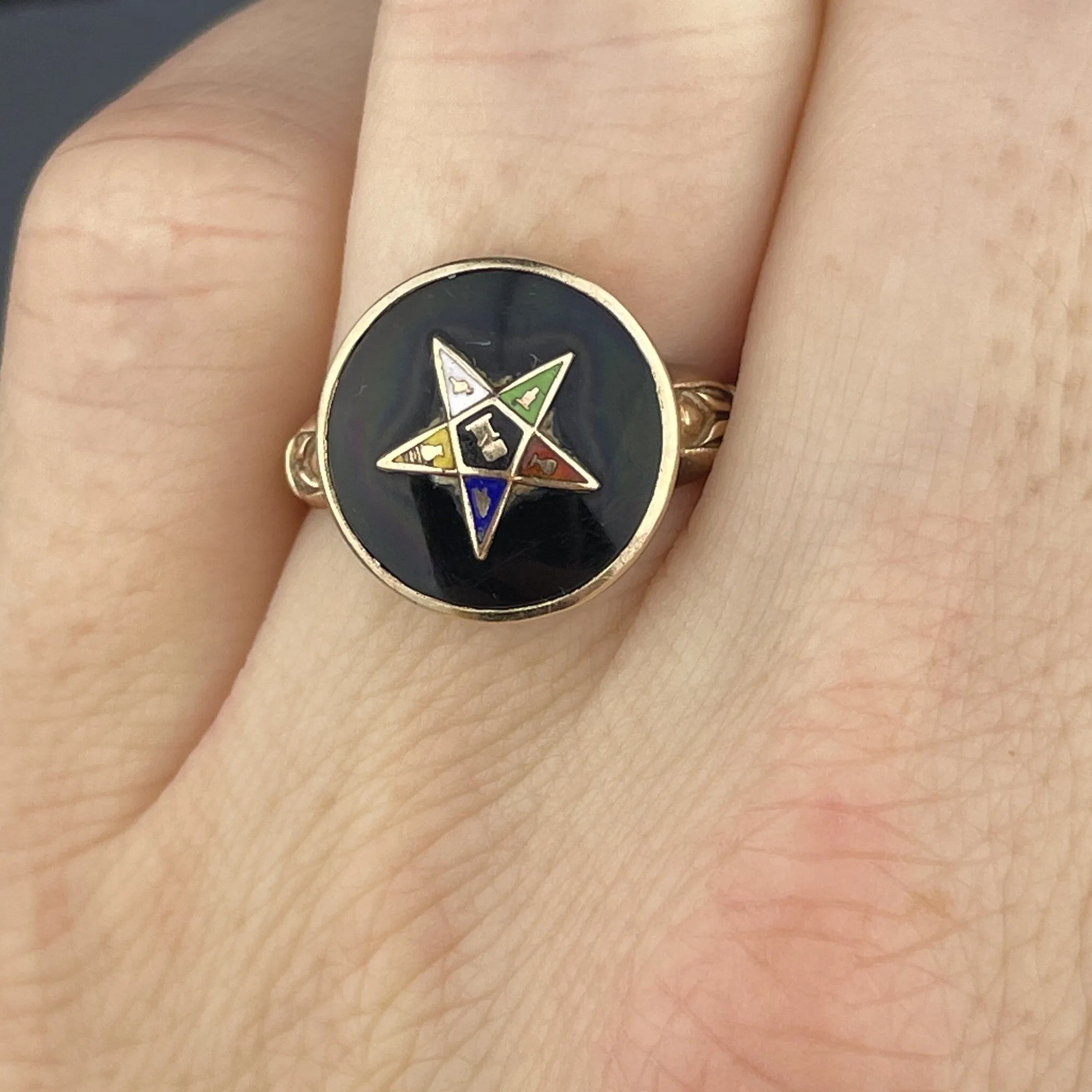 Vintage 14K Gold Onyx Enamel Masonic Star Ring, Sz 5 3/4