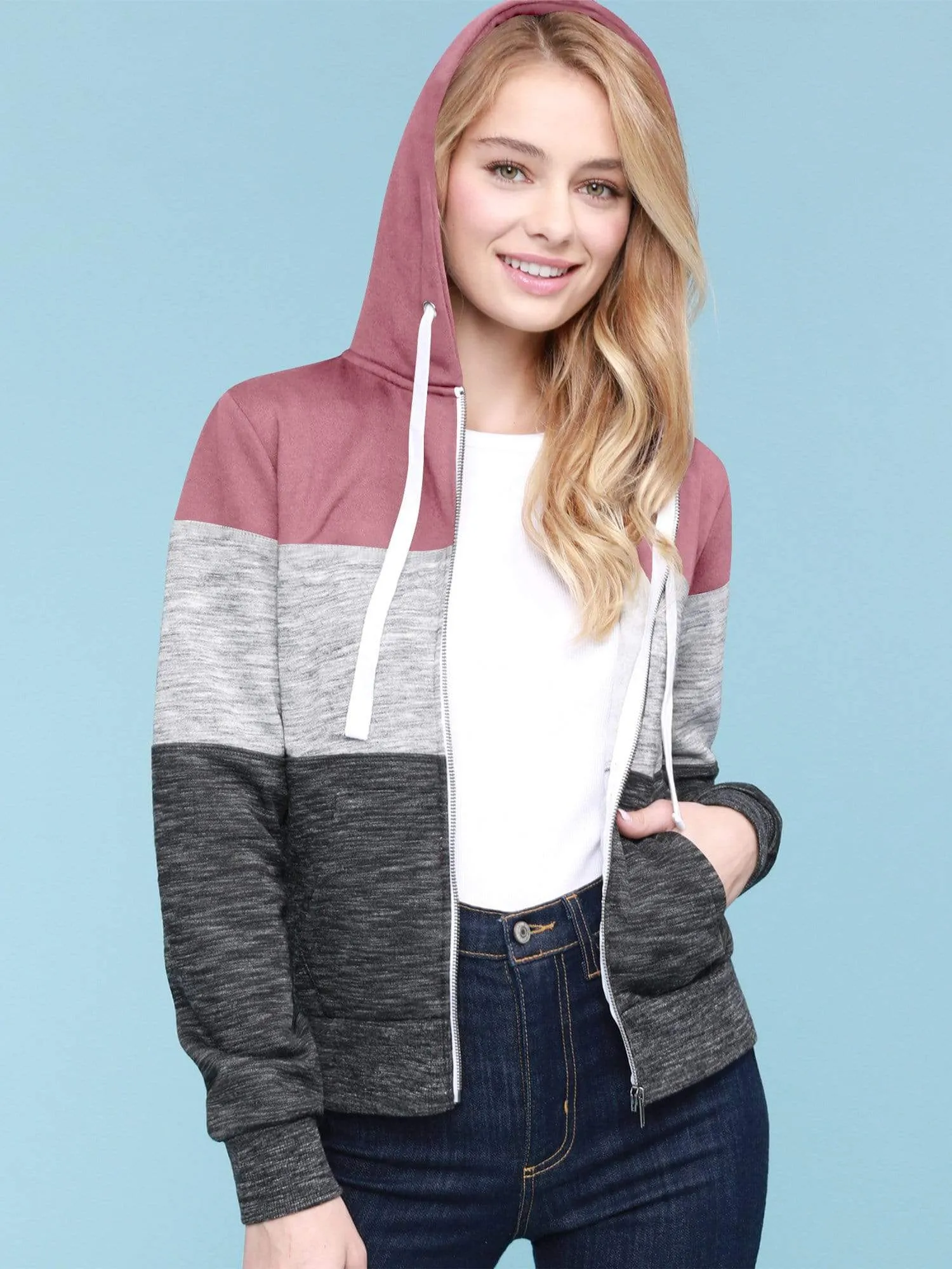 Women's Active Casual Zip-up Color Block Hoodie Sweatshirt