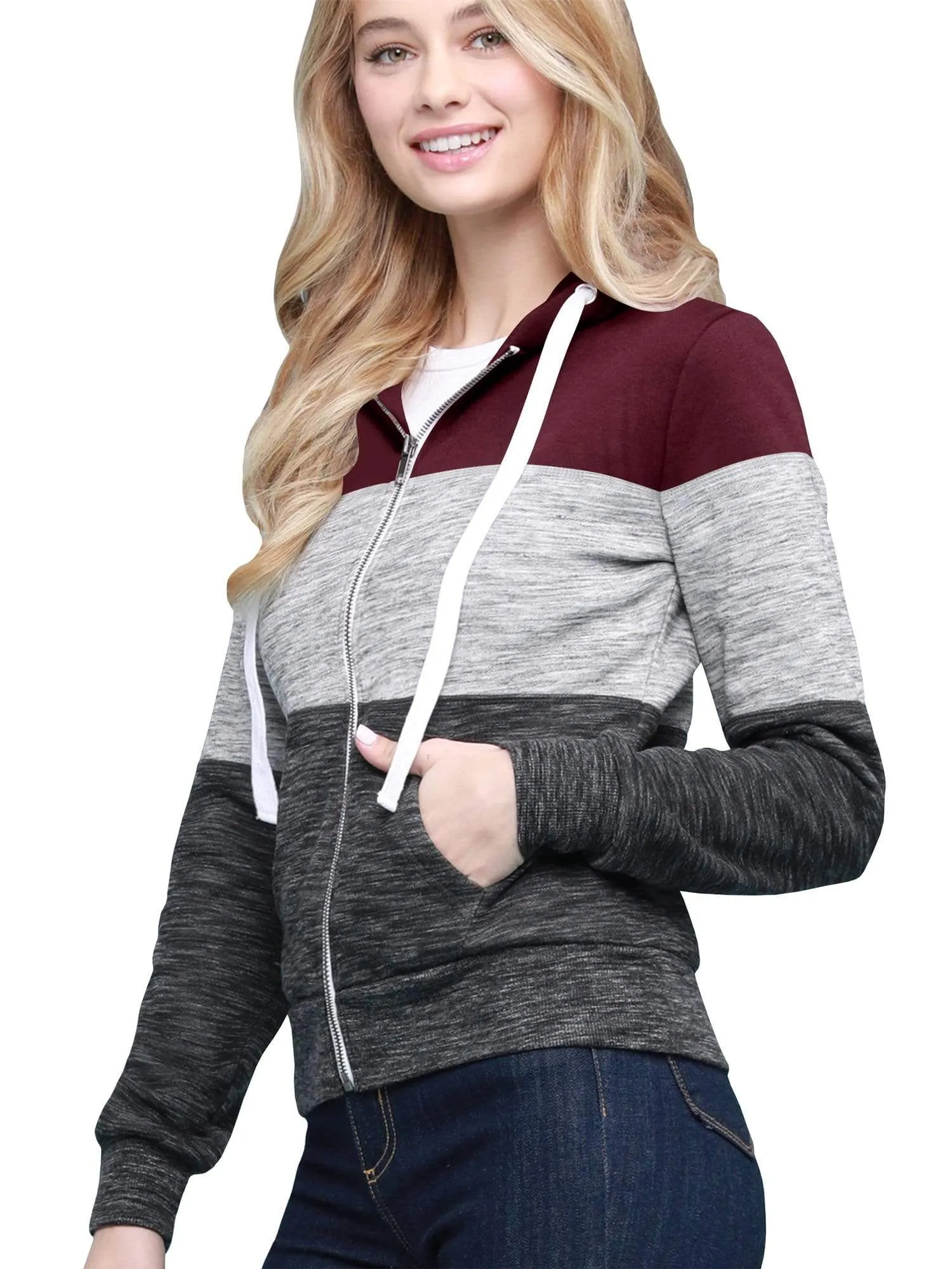 Women's Active Casual Zip-up Color Block Hoodie Sweatshirt